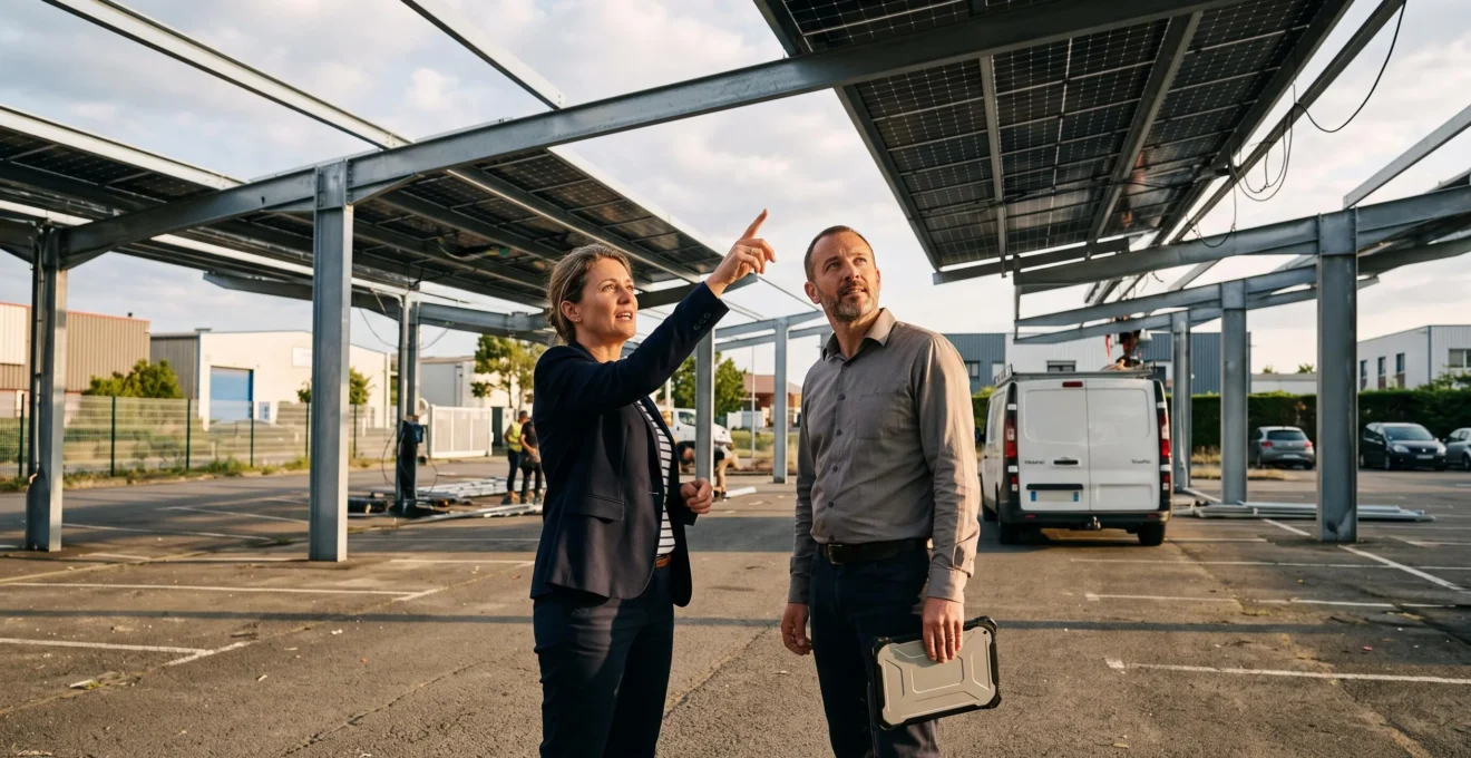 Une dirigeante d'entreprise et un consultant discutent devant un parking équipé d'ombrières solaires en cours d'installation.
