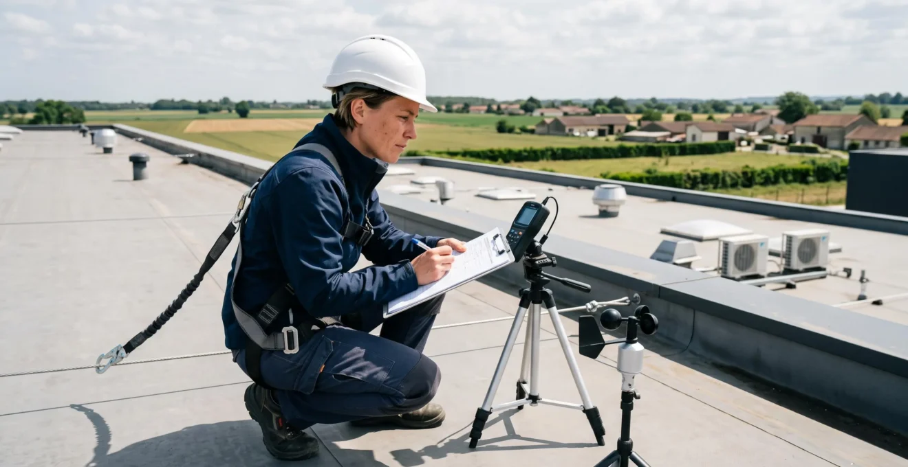 Une ingénieure porteuse d'un casque relève des mesures de faisabilité solaire avec un appareil posé sur la toiture plate d'un bâtiment logistique.