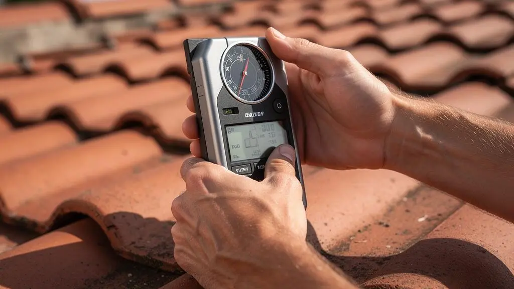 Gros plan sur les mains d'un technicien utilisant un instrument de mesure d'orientation et d'inclinaison sur une toiture en tuiles