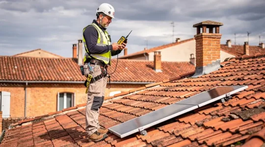 Technicien spécialisé mesurant l'inclinaison et l'orientation d'une toiture en tuiles lors d'une étude photovoltaïque préalable à Toulouse