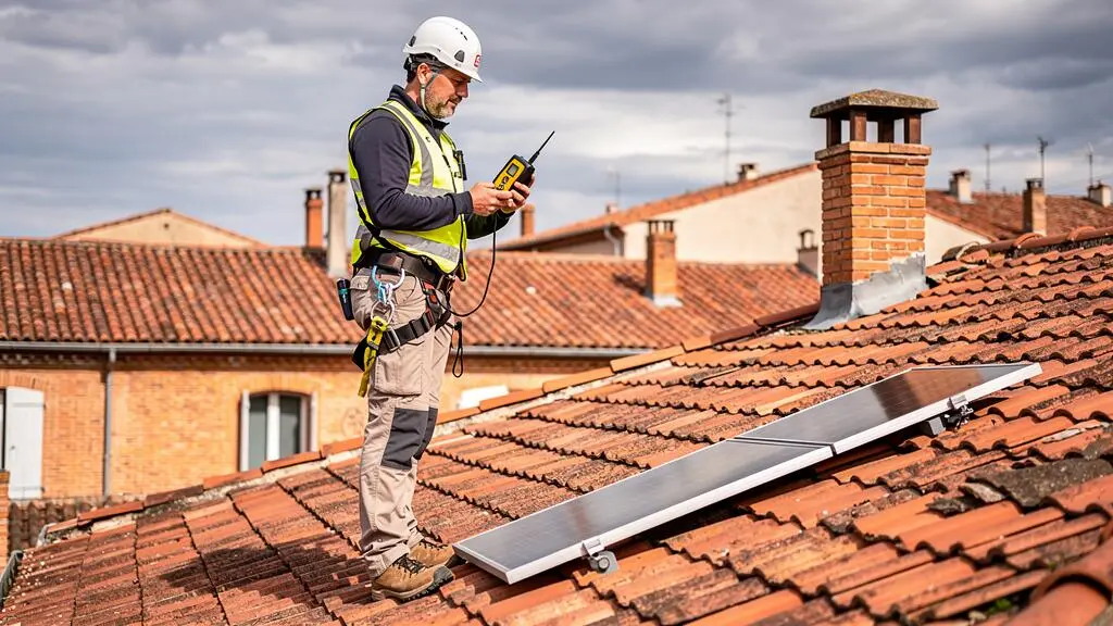 Technicien spécialisé mesurant l'inclinaison et l'orientation d'une toiture en tuiles lors d'une étude photovoltaïque préalable à Toulouse