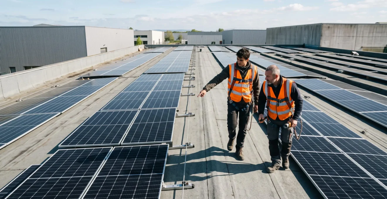 Deux techniciens en harnais inspectent un champ de panneaux solaires photovoltaïques installé sur la toiture d'un entrepôt en zone d'activité.
