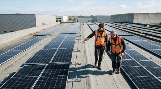 Deux techniciens en harnais inspectent un champ de panneaux solaires photovoltaïques installé sur la toiture d'un entrepôt en zone d'activité.